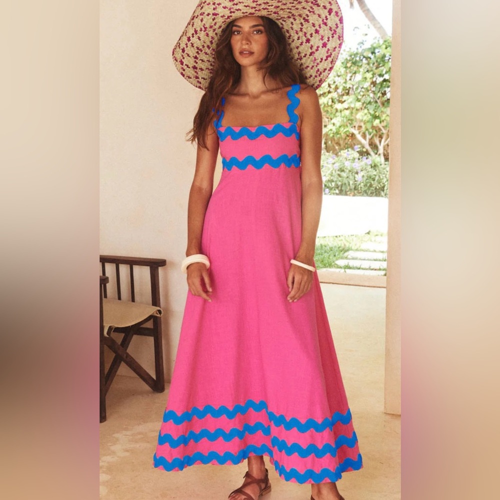 Hot Pink Maxi Dress with blue wave trim